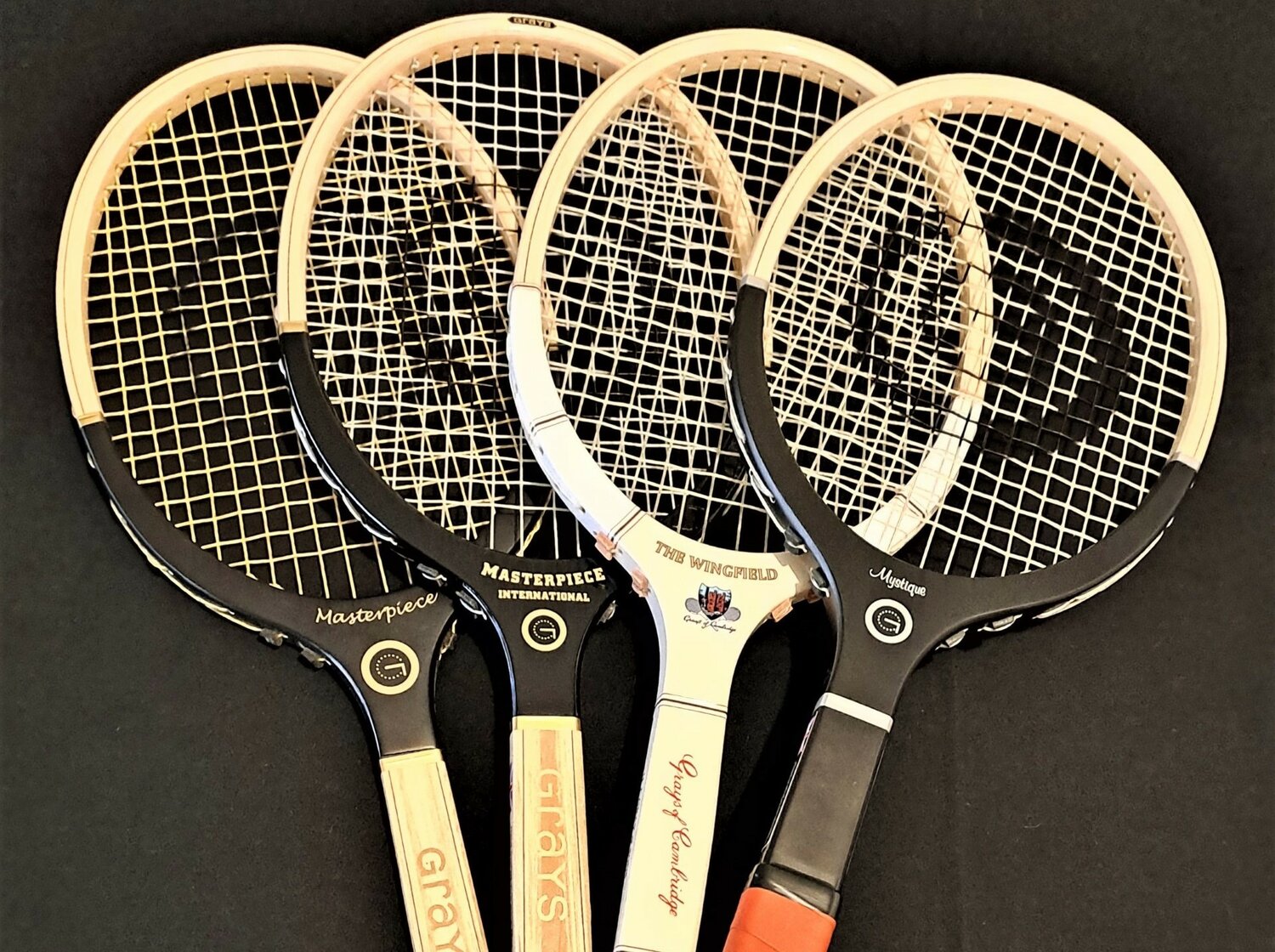 A display of the 4 Grays tennis racquet models brought out since 2019. Based in Cambridge, England, Grays has restarted their production after a 30-year absence.